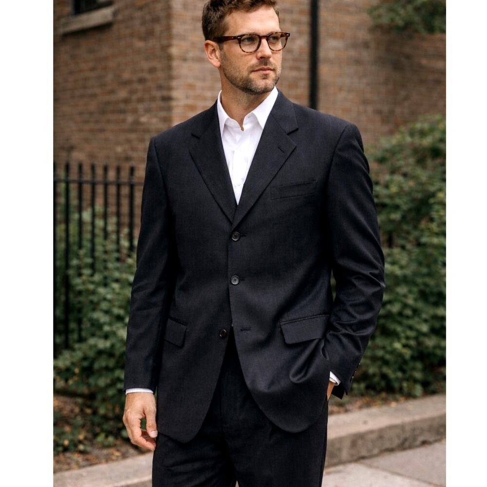 Huckberry Vintage 44R Wool 2-Piece Suit Jacket Pants 36x31 3 Button Blazer Black